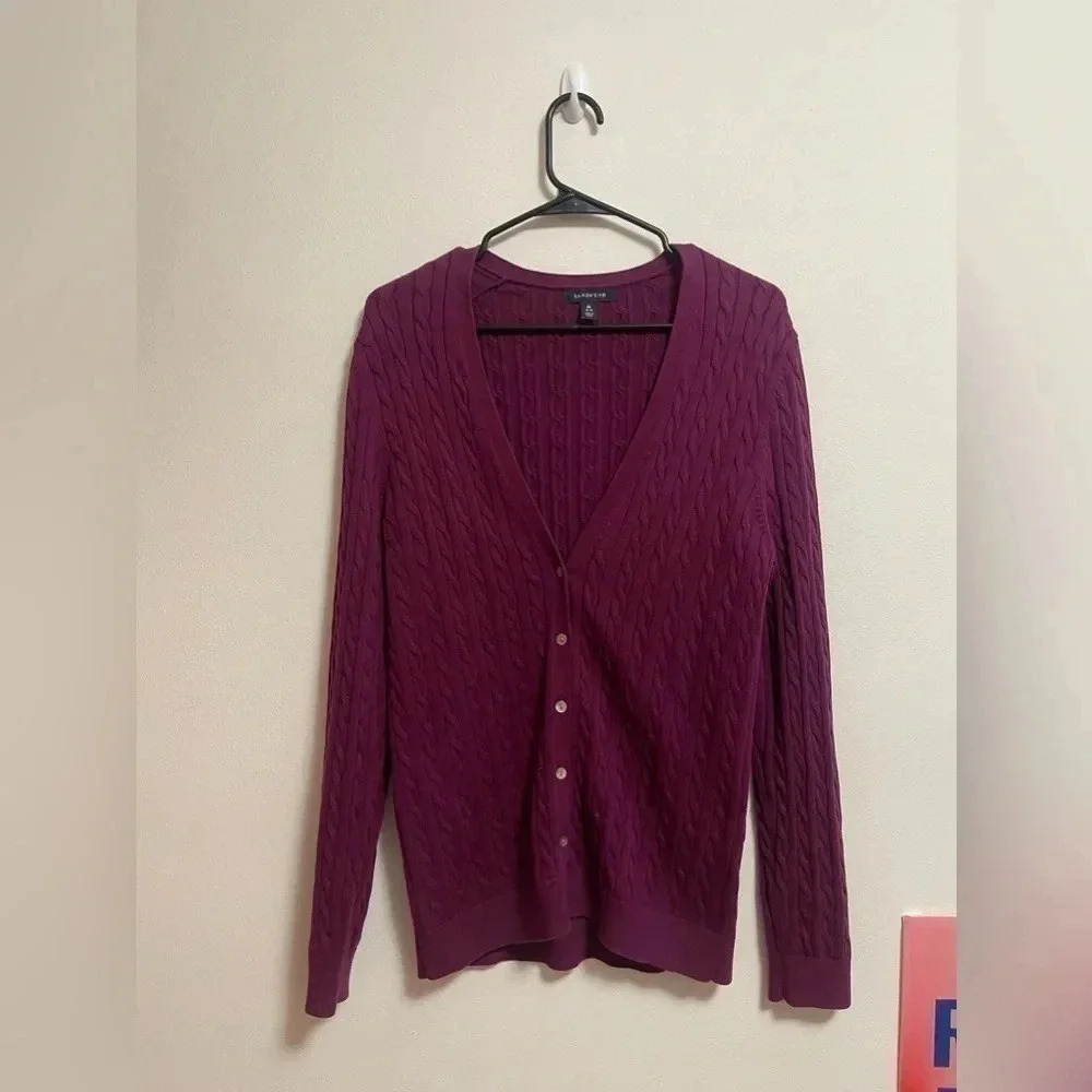 Lands End - Women’s Cardigan Sweater‎ Purple Cable Knit V-Neck Classic - Size M